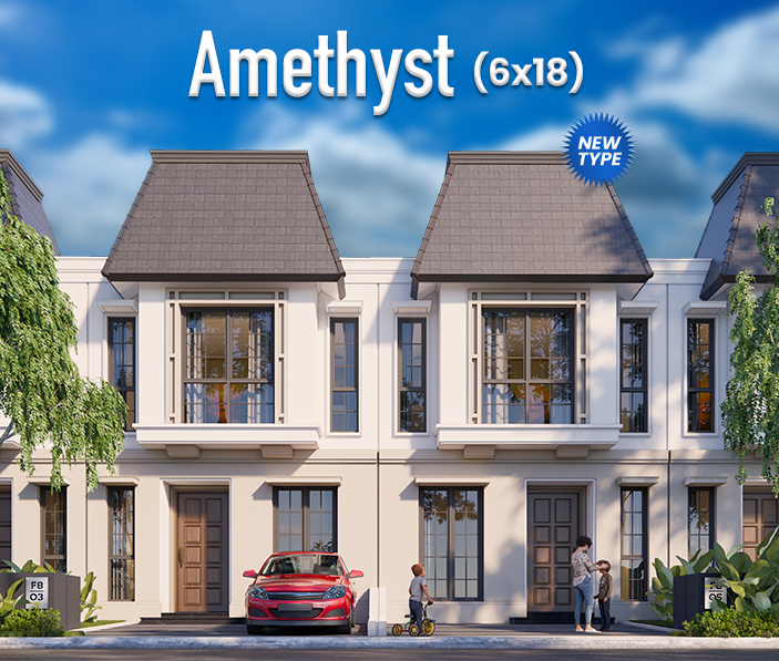 Row of beige townhouses with gray gabled roofs, a red car in front, and people near the entrance, under a blue sky; title 'Amethyst (6x18)' at top.