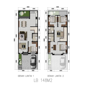 Two-floor house plan with labeled dimensions, showing living areas, bedrooms, kitchen, bathrooms, and a carport on each level.