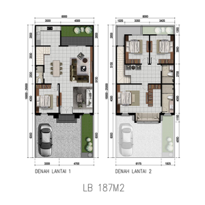 Two architectural floor plans for a house (LB 187M2). Left: Lantai 1 with carport, living/dining area, kitchen, and bedrooms; right: Lantai 2 with multiple bedrooms and bathrooms.
