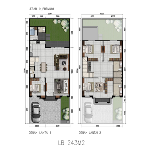 Two-floor house plan labeled LB 243M2: first floor on left with living/dining area, kitchen, bedrooms, garden and garage; second floor on right with multiple bedrooms and bathrooms.