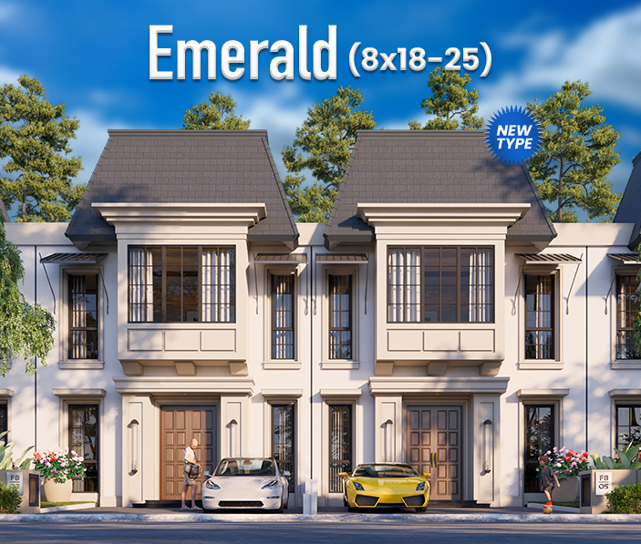 Row of modern, cream-colored townhouses with two cars parked in front and people standing near doors, labeled Emerald (8x18-25) New Type banner above.