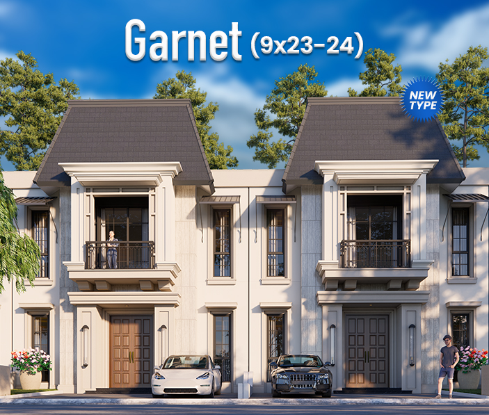 Row of beige, two-story townhouses with balconies; two cars parked in front and people visible on balconies.