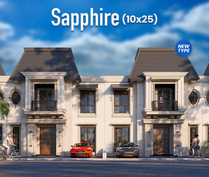 Row of beige townhouses with two cars parked in front and pedestrians walking, under a bright blue sky; banner reads 'Sapphire (10x25)'.