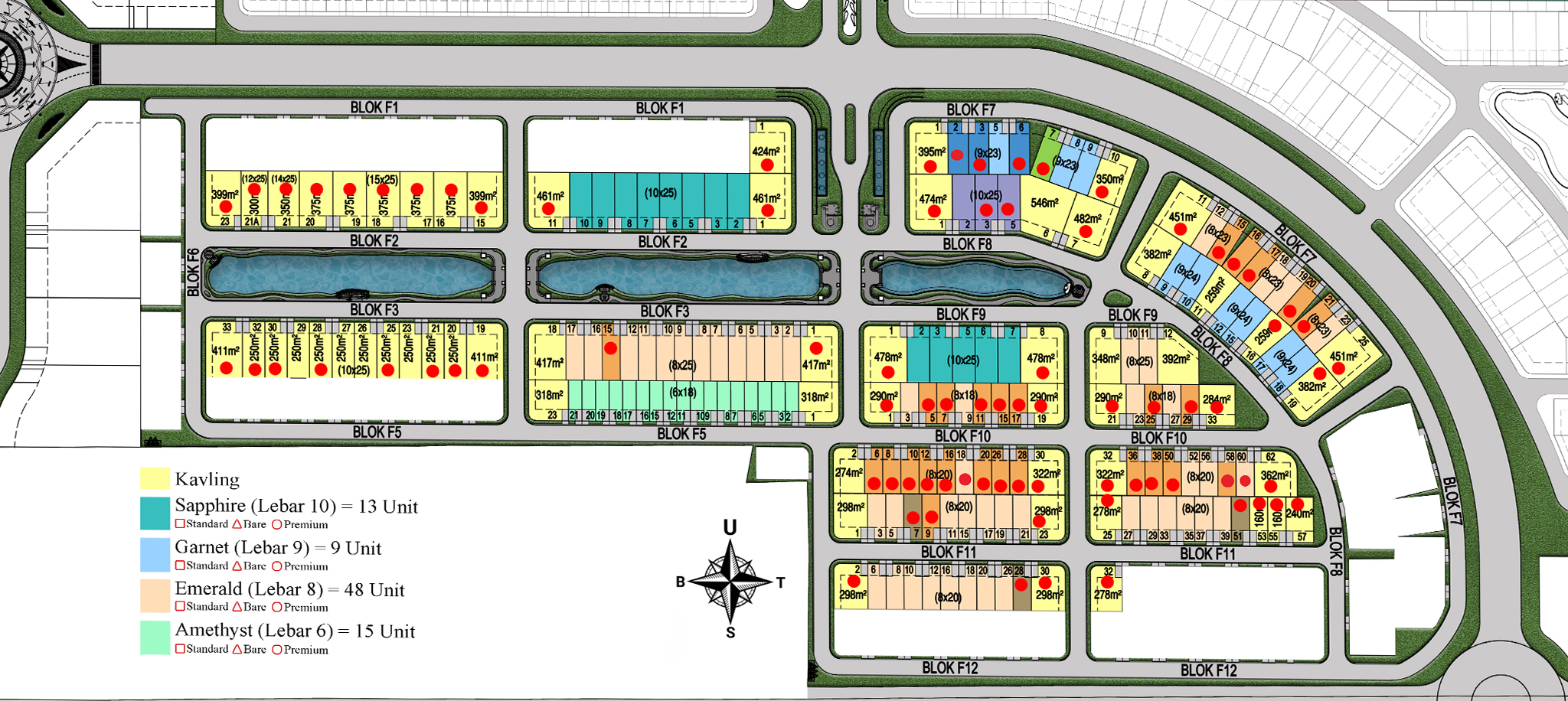 A site plan of a residential development with labeled blocks (F1–F12), curving roads, ponds, and a color-coded legend for lot types and sizes as shown at the bottom left.
