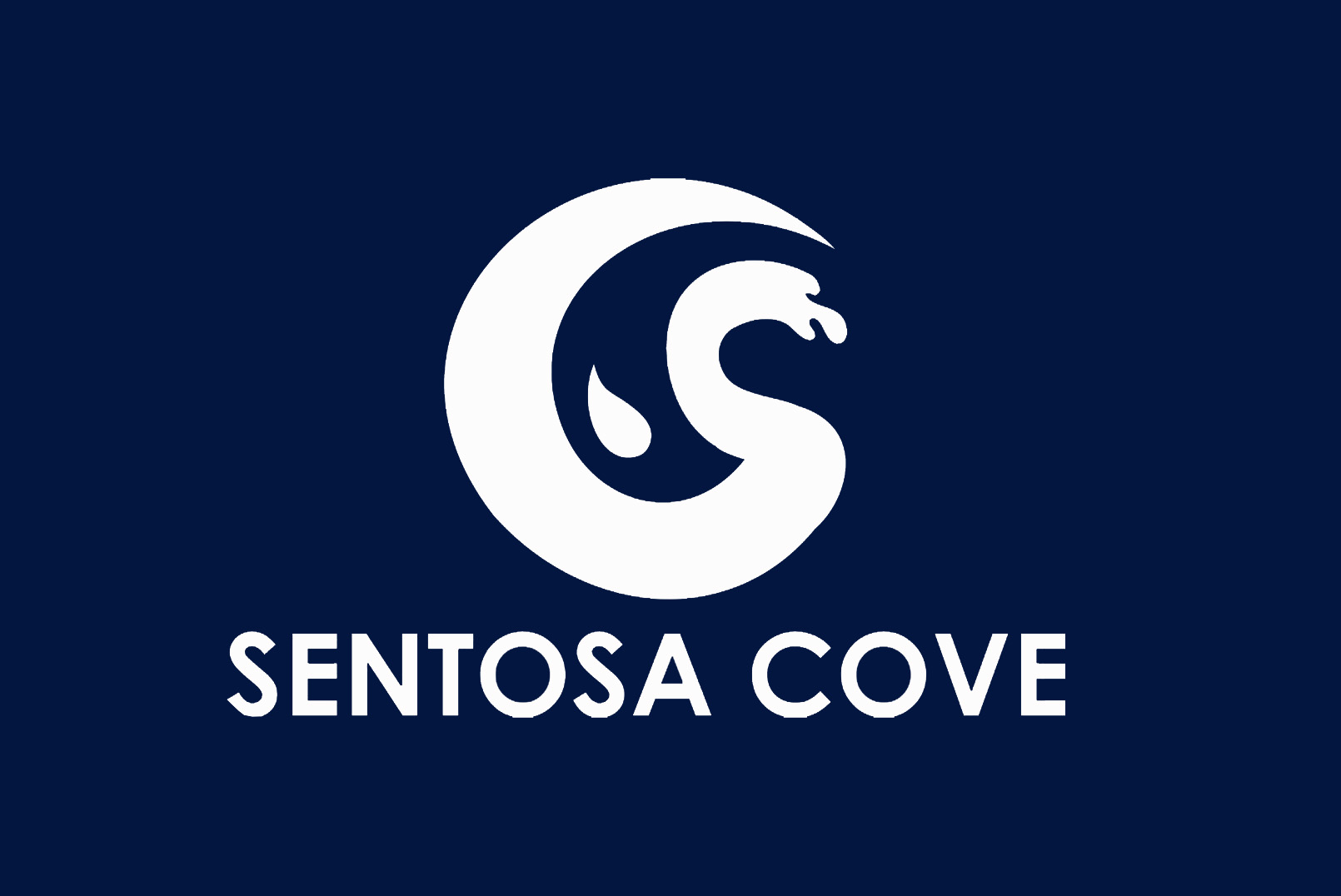 Brand logo: white abstract S/dragon shape above the text SENTOSA COVE on a navy background
